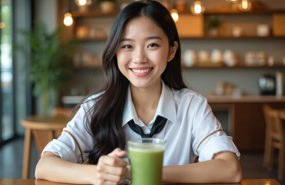 Happy Asian girl student in uniform smiles at cafe. She holds beverage. University student enjoying tea or matcha latte. Cute woman drinks green smoothie. Beautiful smiling student. - Powered by Adobe