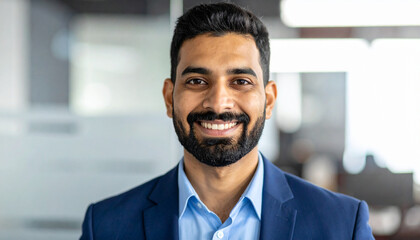 Fototapeta premium Warm and inviting headshot of confident businessman with neatly groomed dark beard, wearing blue suit and light blue shirt, exuding professionalism and approachability