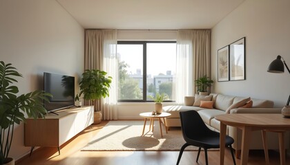 Minimalist studio apartment interior with natural light. Living room features modern furniture beige sofa black chair. Wooden table, TV, indoor plants. Real estate, home decor, interior design blog