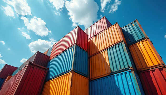 Colorful shipping containers stacked against blue sky with clouds. Industrial metal cargo storage solutions, freight transportation, import, export and global trade. Container yard logistics.