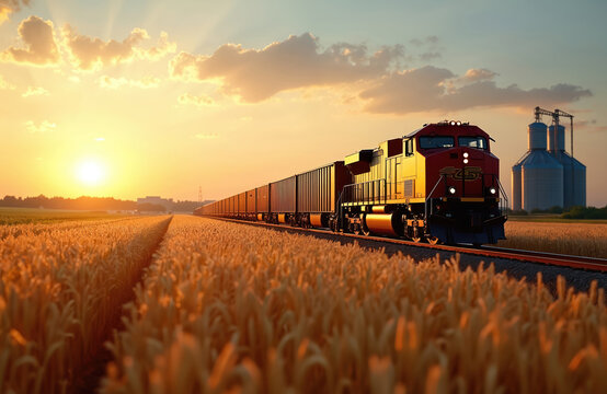 Freight train moves along tracks through wheat field at sunset. Industrial site railway landscape. Golden hour sky, harvest car transportation, rural scenery. Grain silos in the background.