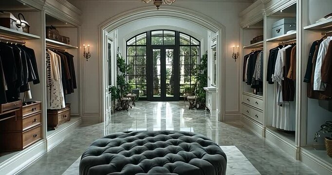 Elegant walk-in closet from video still with marble floors white shelving clothes hanging and large ottoman with indoor plants in background creating luxurious atmosphere