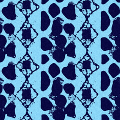 Abstract indigo blue batik dye seamless pattern, Organic bleed effect dyed wash background.