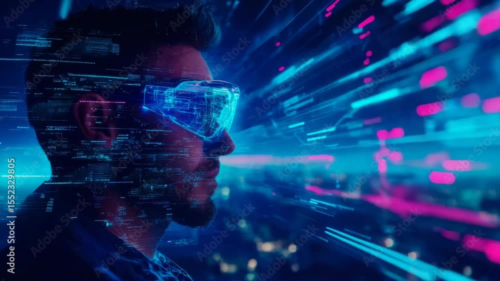 Poster individual exploring a high-tech simulated reality, wearing illuminated smart eyewear within an expa