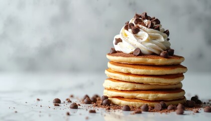 Fluffy pancake stack with whipped cream chocolate chips shavings on marble surface. Delicious breakfast, sweet dessert treat. Homemade layered food, epicure snack with syrup.