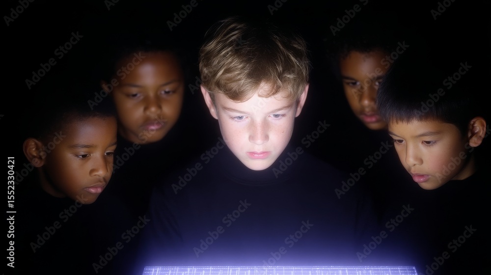 Poster a group of children gathered around a glowing screen with focused expressions. the image portrays cu
