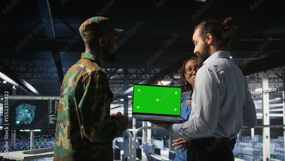 Poster army tech specialist in data center and coworkers using green screen laptop to troubleshoot military