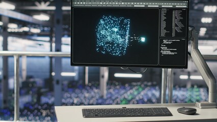 Industrial platform workstation in automated data center displaying machine learning code on...