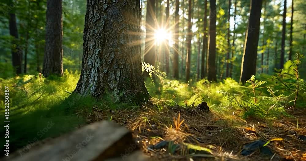 Poster sunlight streams through a lush green forest illuminating trees and foliage creating a serene atmosp