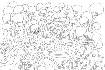 Obraz premium Whimsical forest scene, detailed line art, winding paths, and whimsical creatures. 