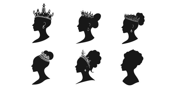 Silhouettes of Elegant Women Wearing Crowns Embodying Royalty, Beauty, and Sophistication in a Graphic Style