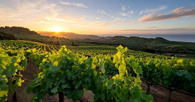 Video of a vineyard at sunset with golden hour lighting rows of grapevines sea and hills on background