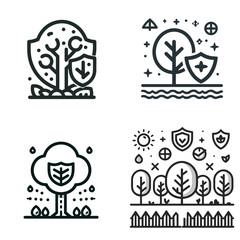 Line art illustrations of trees with protective shields and nature elements  