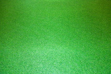 Lush green artificial turf stretches uniformly, creating a realistic grassy texture. Ideal for backgrounds, its even surface mimics natural grass under bright lighting conditions