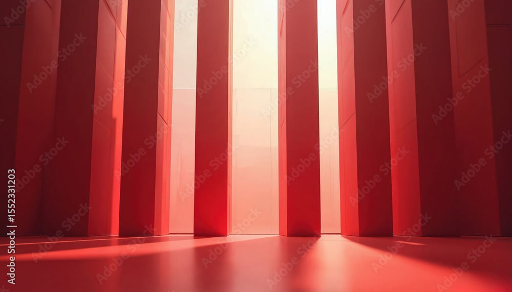Poster Red interior illustration features tall rectangular windows. Sunlight streams through, illuminating modern design. Geometric shapes create clean lines, shadows, gradients. Minimalist structure with