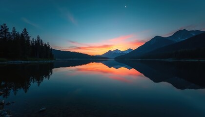 Tranquil sunset over serene lake, majestic mountain range. Pine tree silhouettes reflected calm water surface. Evening twilight colors create peaceful mood, perfect nature, travel scene.