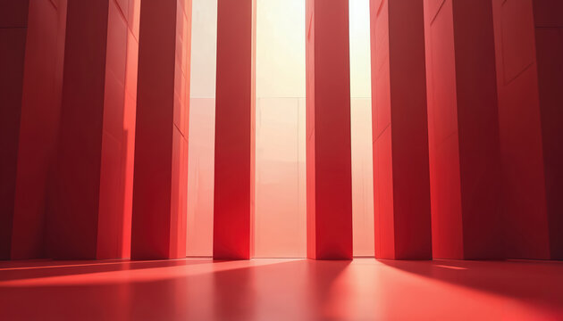 Red interior illustration features tall rectangular windows. Sunlight streams through, illuminating modern design. Geometric shapes create clean lines, shadows, gradients. Minimalist structure with
