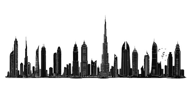 Dramatic silhouette of Dubai skyline against a stark white backdrop showcasing modern architecture and urban development