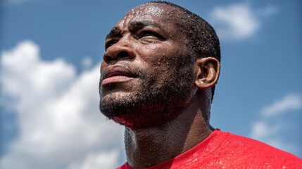 Close-up of a sweating man looking up, wearing a red shirt, under a blue sky with clouds.