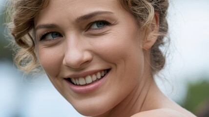 Naklejka premium Smiling caucasian female young adult with curly blonde hair and blue eyes