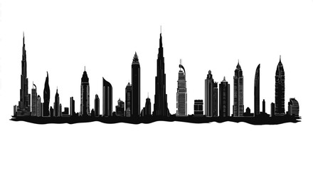 Fototapeta premium Striking silhouette showcases a modern cityscape with towering skyscrapers against a clean white background, perfect for urban themes.