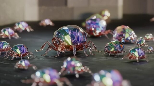 A colony of futuristic nanobot insects made of iridescent, rainbow-colored crystal stands on a dark surface