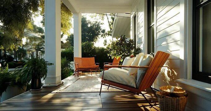 Exterior view of a sunlit porch with wicker furniture and a rug. Lush greenery frames the scene. The house is white. It is a sunny day
