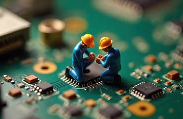 Miniature figurines work electronic circuit board. Teamwork, collaboration tech concept. Engineers, developers repair computer motherboard chip. Computer tech, concept, data center. Robotics,