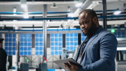 Black master engineer overseeing photovoltaics production line in a factory, ensuring a successful...
