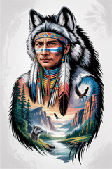 Color stylized illustration of a portrait of an Indian with a wolf skin on his head, in the silhouette of which a landscape with a river and mountains with a forest is inscribed. Vector graphics. Eps.