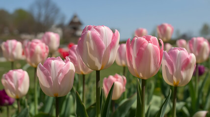 Fototapeta premium Pink and white striped tulips in a garden. 
