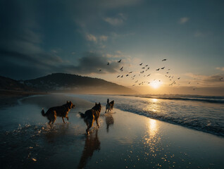 Beach Dogs at Sunset – Running Pack in Dramatic Light and Sky