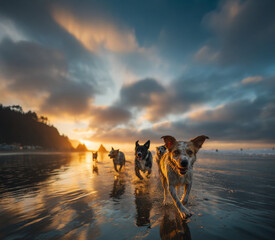 Dogs playing, sunset on the beach, dogs running in a pack, dog love, moments, freedom lifestyle, dramatic sky, beautiful lighting