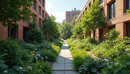 Community-focused rewilding project transforms urban space into biodiverse green corridor. Modern brick buildings frame pathway, trees, diverse plants, flowers. Sustainable eco-friendly design,
