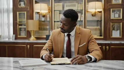 An elegant professional in a tailored suit and tie, immersed in the focused task of taking notes or signing a crucial document at a pristine desk. A scene of focused concentration.