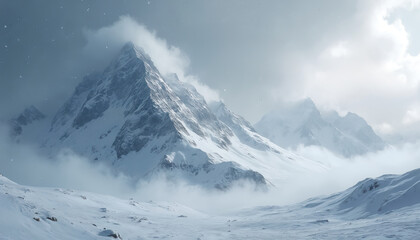Obraz premium Winter landscape illustration snowy mountains covered fresh snow, dramatic sky with clouds. Cold weather, blizzard, frost, ice. Ideal for winter holidays, travel, tourism, outdoor activities, extreme