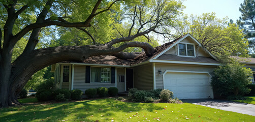 Large tree fallen on residential house roof. Storm damage creates structure destruction. Emergency service needed home repair. Disaster rehabilitation for house construction requires debris removal,
