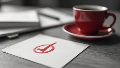 Red coffee cup on saucer next to white paper with red check mark. Check symbol on paper symbolizes validation or approval in office. Morning office workspace setup.