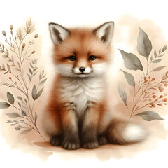 Obraz premium Delicate Fox Cub Portrait Sitting Among Wildflowers – Minimal Color Illustration