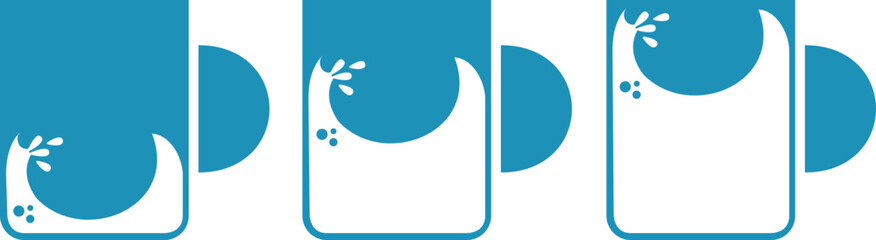 mugs with drinks, drops and splashes in cups, vector blue icons