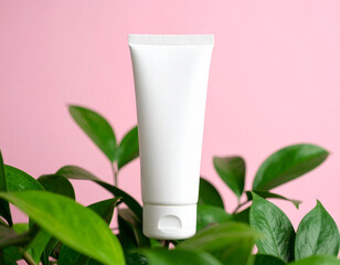 Sleek white skincare tube stands prominently among lush green leaves, creating fresh and vibrant aesthetic. minimalist design emphasizes purity and natural beauty, perfect for skincare enthusiasts