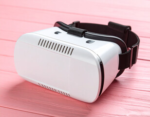 Pristine white virtual reality headset rested on smooth polished pink wooden table, inviting exploration and immersive experiences in modern setting