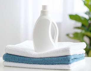 Pristine white detergent bottle stands prominently on neatly stacked towels, one white and one blue, creating clean and fresh atmosphere in bright setting
