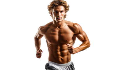 Athletic man running with determination and focus, showcasing strength and fitness in a dynamic exercise setting, emphasizing health and movement in action