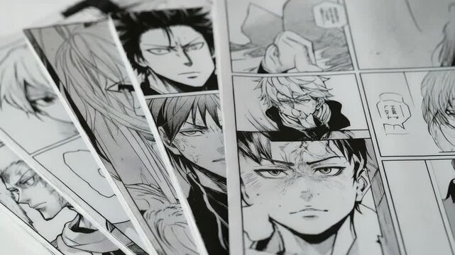 Close-up of black and white manga comic pages with various characters