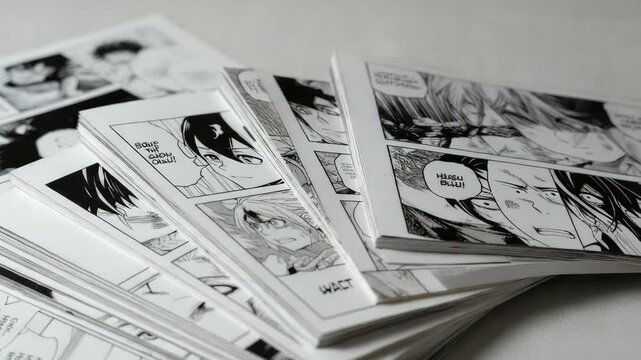 Close-up of black and white manga pages stacked on table, showing various characters dialogue