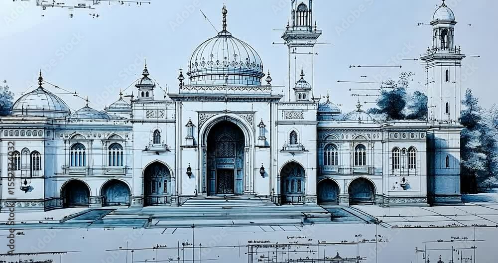 Poster architectural blueprint style illustration of a grand building with domes and towers showcasing its 