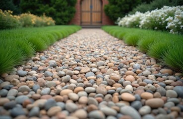 Pathway composed of pebbles leads to a wooden door. Green grass, plants on both sides. Natural outdoor design in a garden. Calm atmosphere. Entrance to a house with decorative elements.