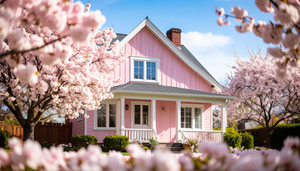 Quaint pink house surrounded by blooming cherry blossom trees creates serene and picturesque scene, evoking feelings of tranquility and beauty