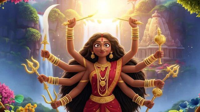 Animated depiction of a multi-armed goddess in vibrant natural temple setting with bright sunlight